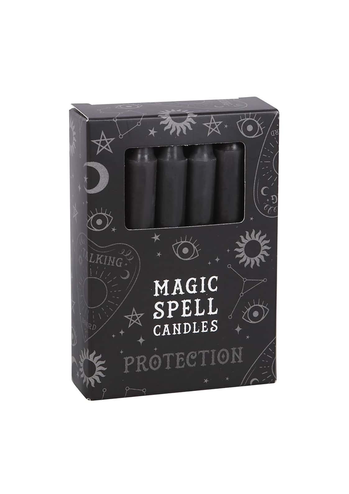 Pack mit 12 schwarzen protection spell kerzen in eleganter verpackung mit mystischen symbolen und himmlischen mustern